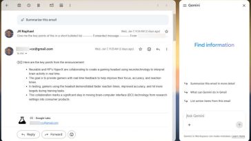 ventana de Gmail con respuesta de Google CC a la izquierda y sugerencias similares en el panel de Géminis a la derecha