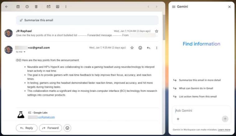 ventana de Gmail con respuesta de Google CC a la izquierda y sugerencias similares en el panel de Géminis a la derecha