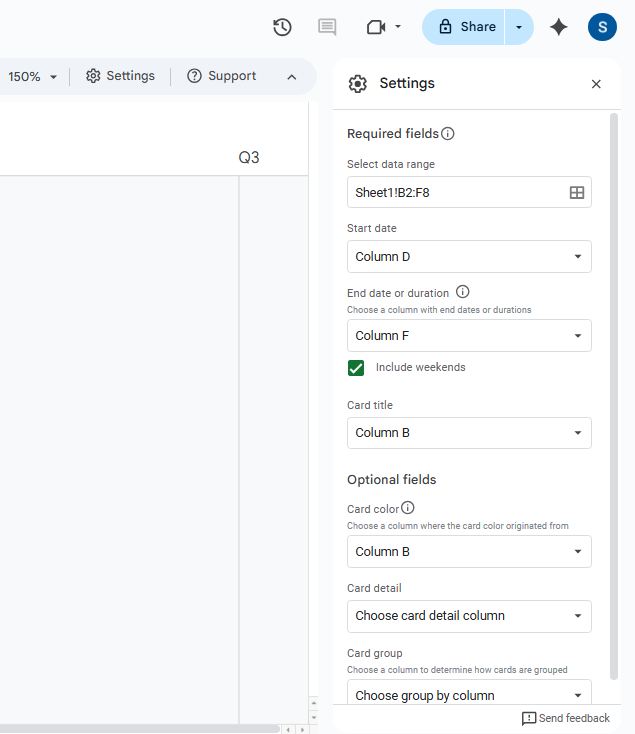 captura de pantalla de la barra lateral de configuración para una línea de tiempo en Google Sheets