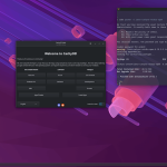 Pantalla de presentación de Cachy que muestra la ventana Hola y una terminal