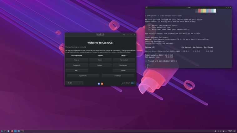 Pantalla de presentación de Cachy que muestra la ventana Hola y una terminal