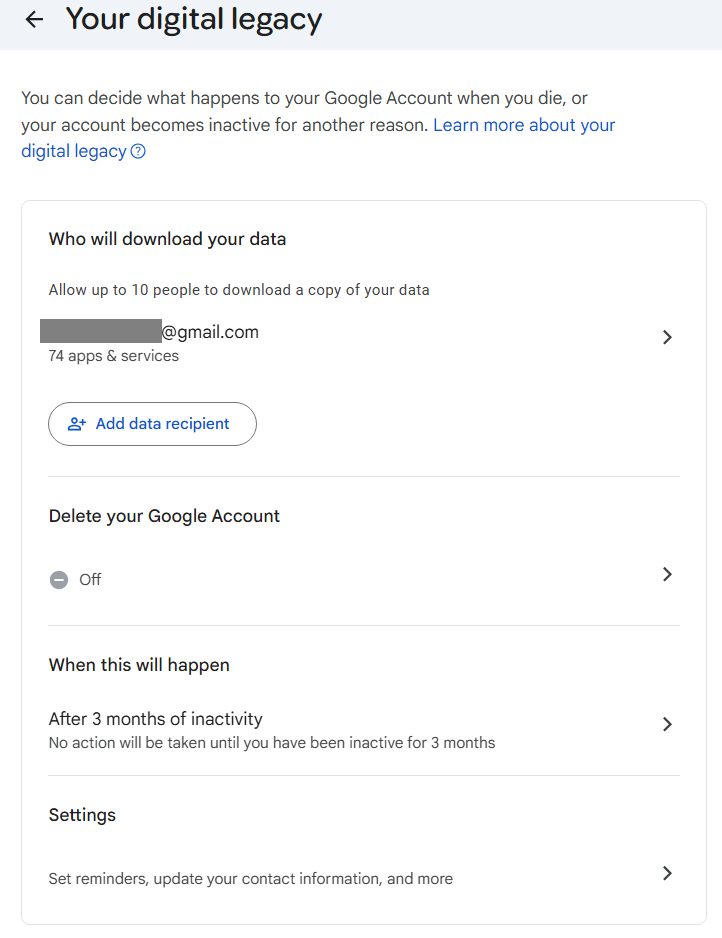 su página de legado digital para su cuenta de Google