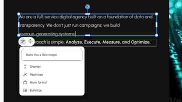 texto en una diapositiva seleccionada con el menú de refinamiento que aparece debajo