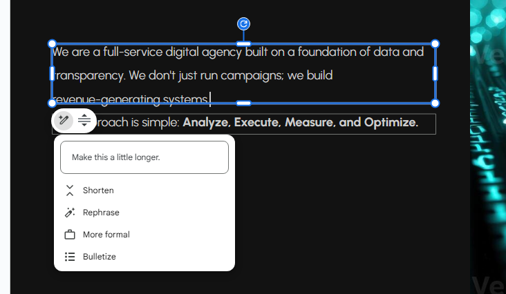 texto en una diapositiva seleccionada con el menú de refinamiento que aparece debajo