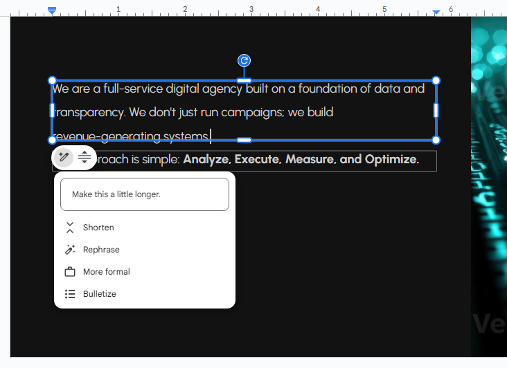 texto en una diapositiva seleccionada con el menú de refinamiento que aparece debajo
