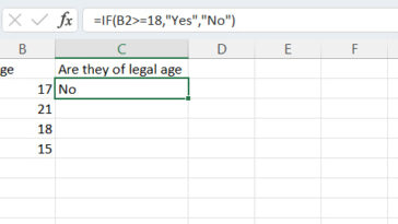 captura de pantalla de una hoja de cálculo de Excel con una fórmula que utiliza la función if