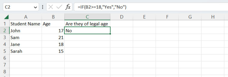captura de pantalla de una hoja de cálculo de Excel con una fórmula que utiliza la función if