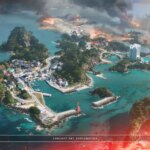 Una mirada aérea al mapa Tsuru Reef de Battlefield 6. Se trata de una serie de pequeñas islas y muchas aguas abiertas.