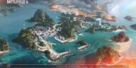 Una mirada aérea al mapa Tsuru Reef de Battlefield 6. Se trata de una serie de pequeñas islas y muchas aguas abiertas.