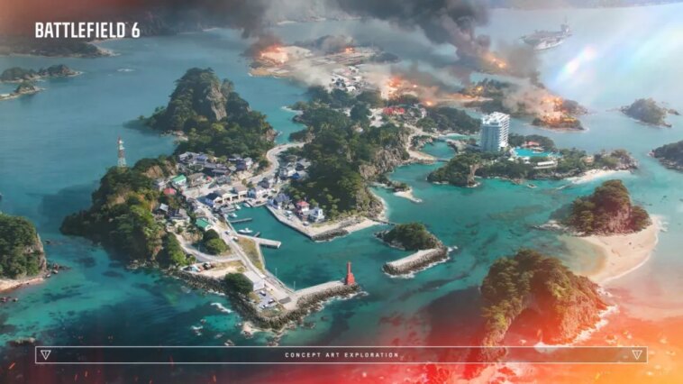Una mirada aérea al mapa Tsuru Reef de Battlefield 6. Se trata de una serie de pequeñas islas y muchas aguas abiertas.