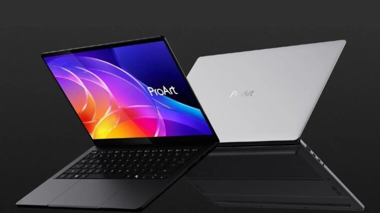 El Asus ProArt P16 y P14 sobre un fondo negro.