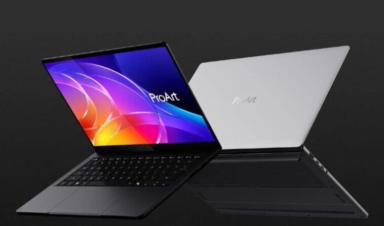 El Asus ProArt P16 y P14 sobre un fondo negro.