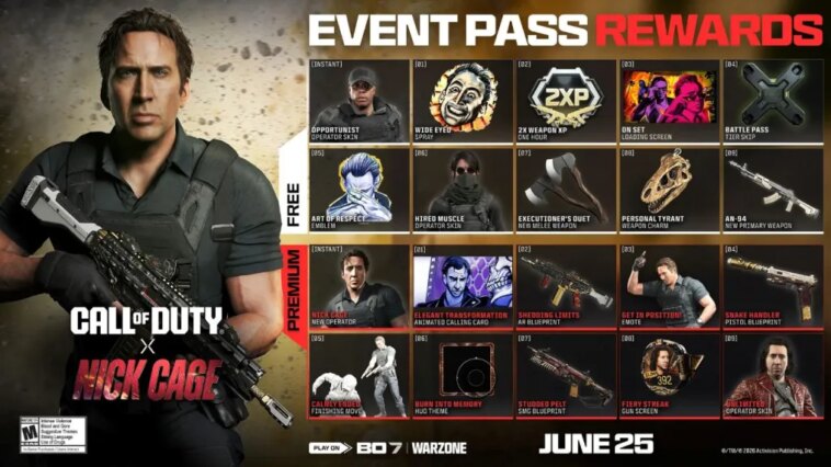 Una lista de recompensas gratuitas y de pago disponibles para ganar en el evento Nick Cage de Call of Duty.