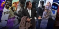 Una imagen de John Travolta, con un telón de fondo de juegos de PS5 y PS45.