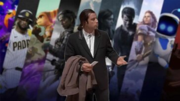 Una imagen de John Travolta, con un telón de fondo de juegos de PS5 y PS45.