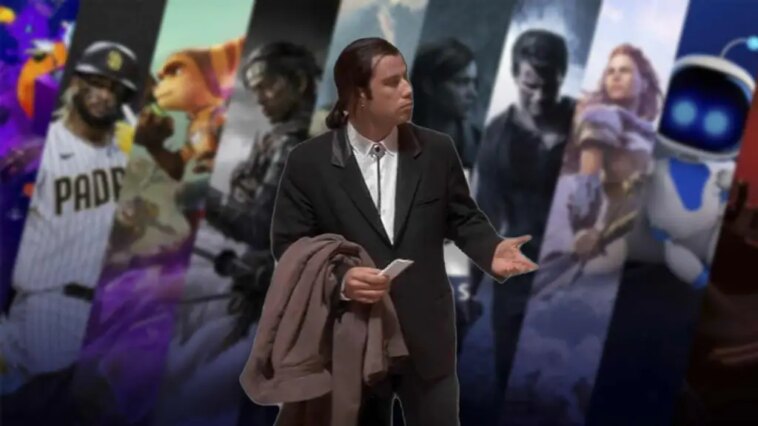 Una imagen de John Travolta, con un telón de fondo de juegos de PS5 y PS45.